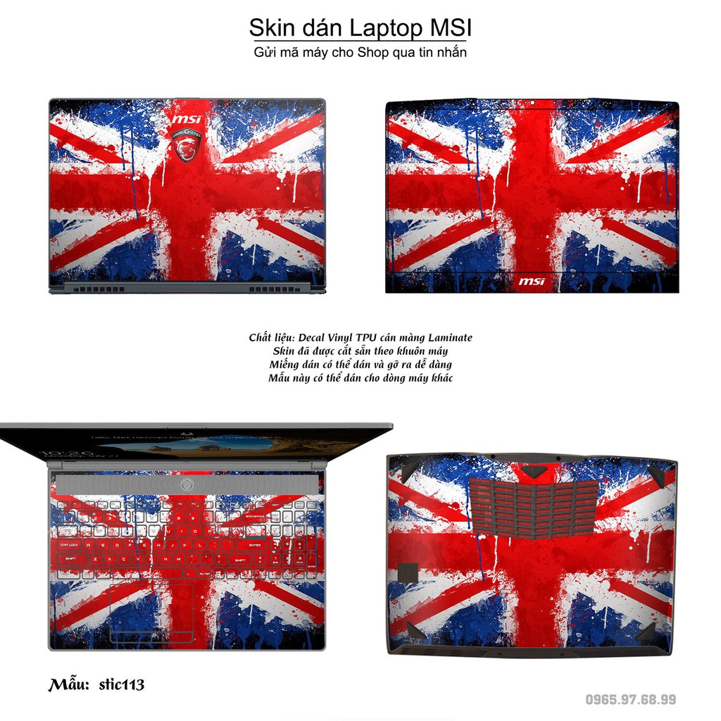Skin dán Laptop MSI in hình cờ Anh (inbox mã máy cho Shop)