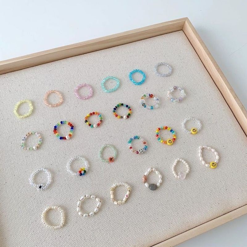 [Rẻ Vô Địch] Nhẫn hạt cườm handmade cầu vồng,màu pastel, nhẫn mặt cười, nhẫn hình hoa
