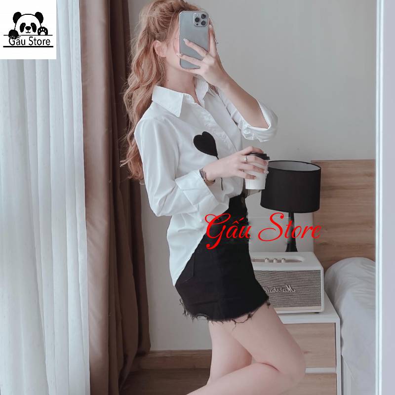 Áo sơ mi trắng nữ thêu trái tim phong cách Hàn Quốc áo sơ mi nữ đẹp Gấu Store
