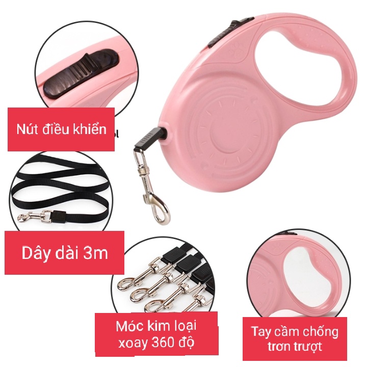 Dây Dắt Chó Mèo Tự Động Kéo Dài Và Thu Dây Dài 3m - Hàng cao cấp cải tiến nút lẫy thông minh điều chỉnh 1 chạm