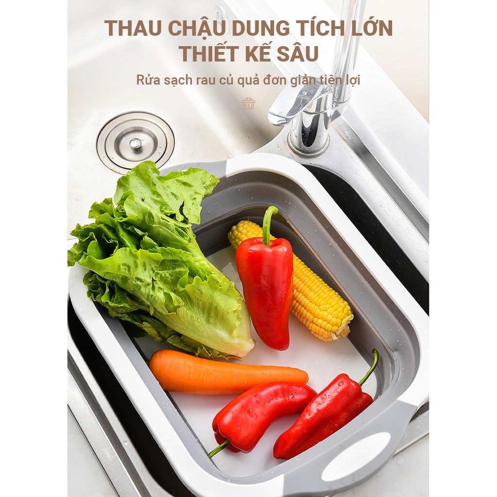 Thau chậu kèm thớt 2 trong 1, có thể gập lại làm tấm thớt, mở rộng ra sẽ thành thau chậu rửa rau quả, chất liệu cao cấp