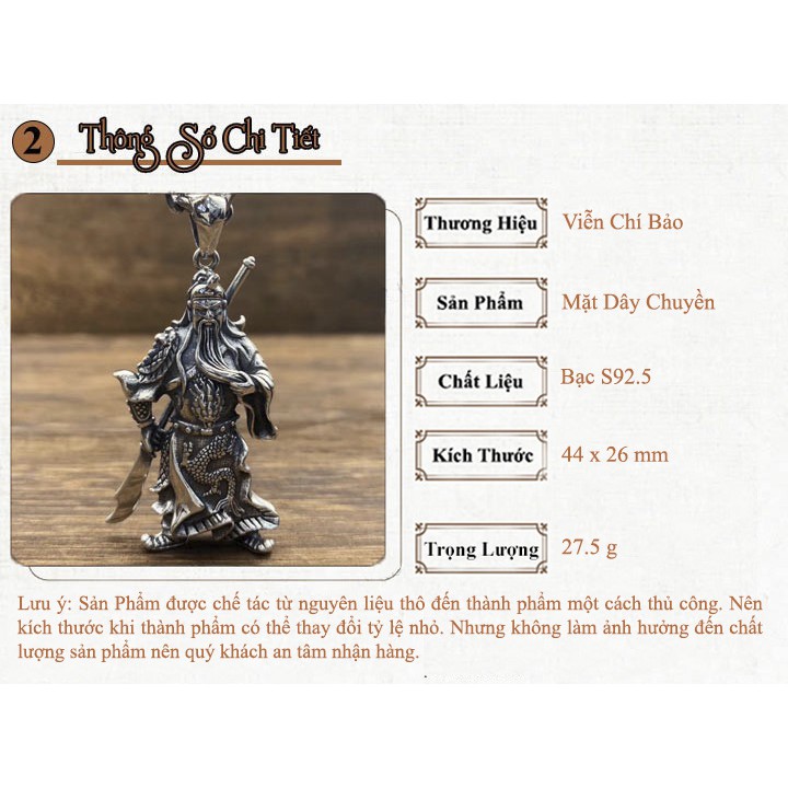 Mặt dây chuyền bạc nam Quan Công võ thánh chất liệu bạc Thái 925 thương hiệu Viễn Chí Bảo M100512