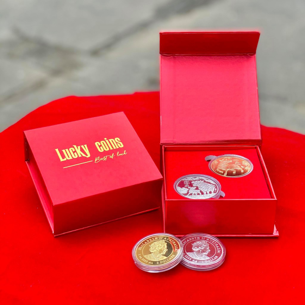 CẶP XU CON TRÂU MẠ VÀNG - MẠ BẠC CỦA ÚC LÌ XÌ TẾT 2021 - Kèm Hộp Như Hình