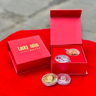 CẶP XU CON TRÂU MẠ VÀNG - MẠ BẠC CỦA ÚC LÌ XÌ TẾT 2021 - Kèm Hộp Như Hình