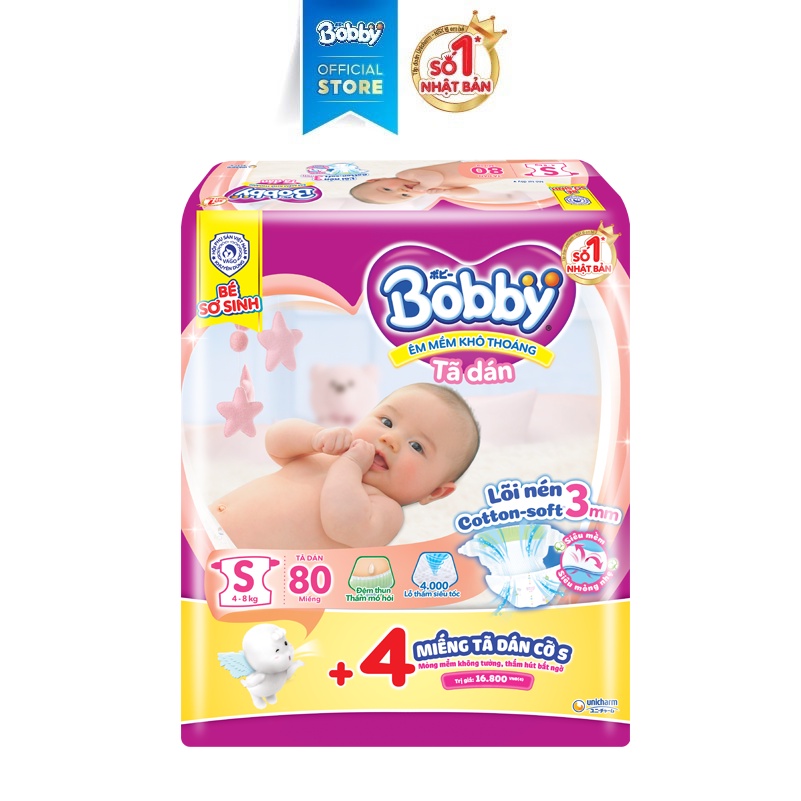(Tặng quà ngẫu nhiên ) Tã dán sơ sinh Bobby S80 mới- Lõi nén cotton-soft 3mm