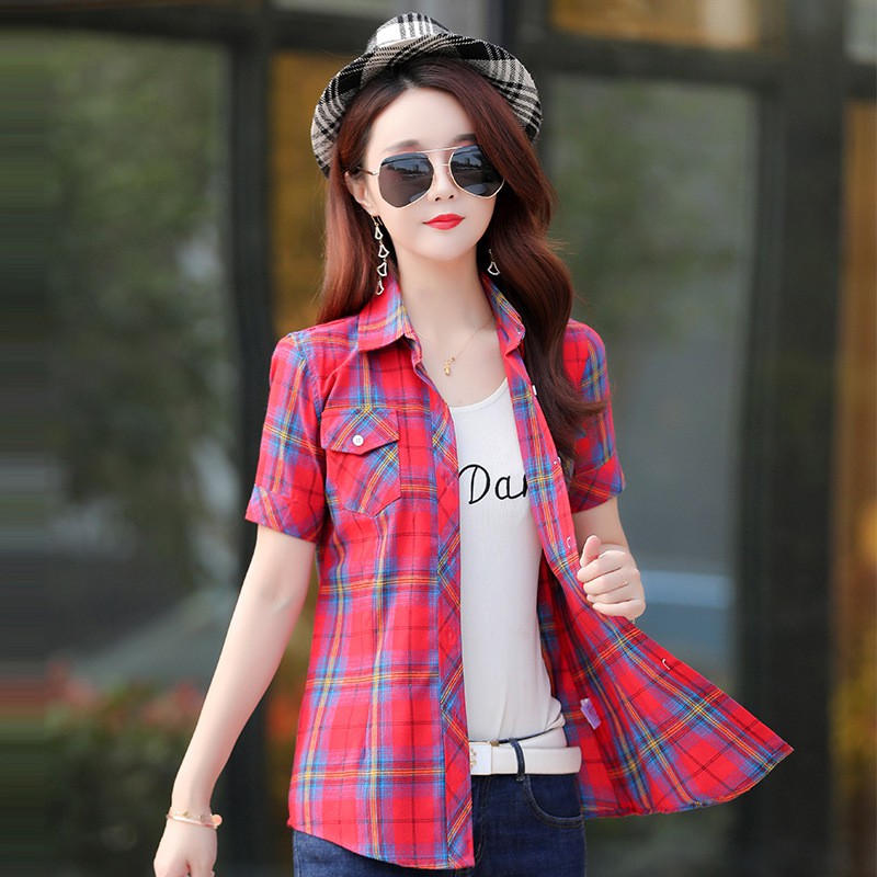 Áo Sơ Mi Sixsisters Cotton Hoạ Tiết Kẻ Ô Kiểu Cổ Bẻ Thời Trang Thường Ngày 2021 Dành Cho Nữ
