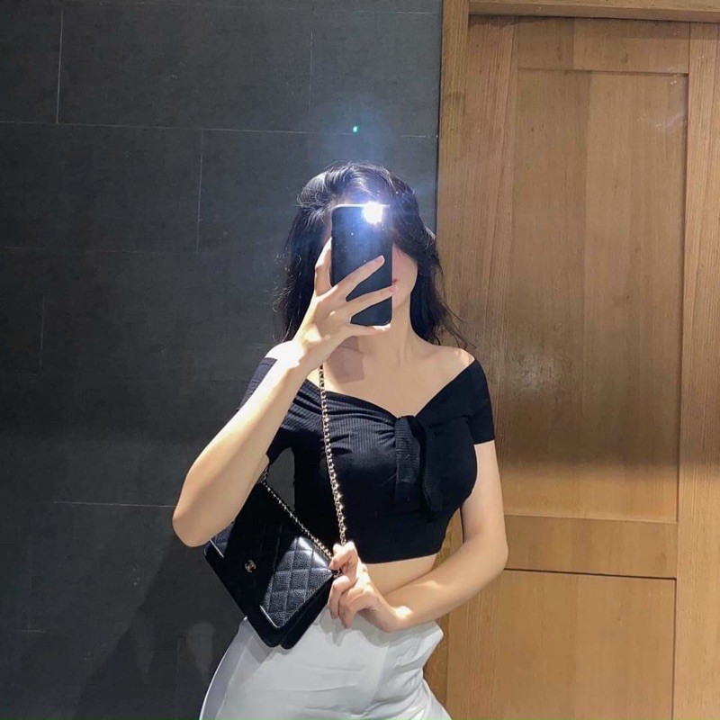 [Mã FAMARAL1 giảm 10K đơn 50K] Áo thun croptop body trễ vai cột nơ