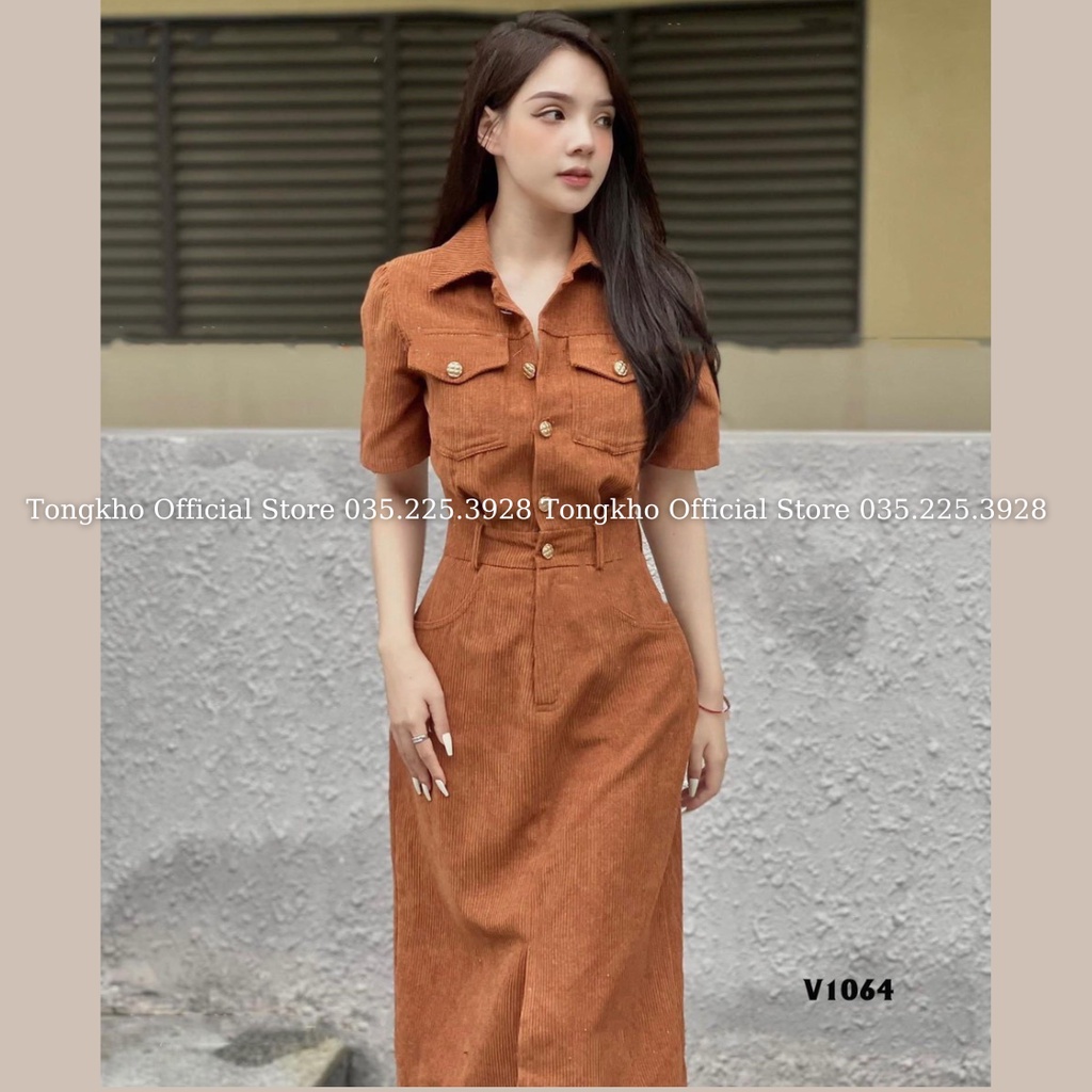 Đầm váy sơ mi nữ BIGSIZE váy sơ mi nhung tăm lì xẻ trước chun sau 552