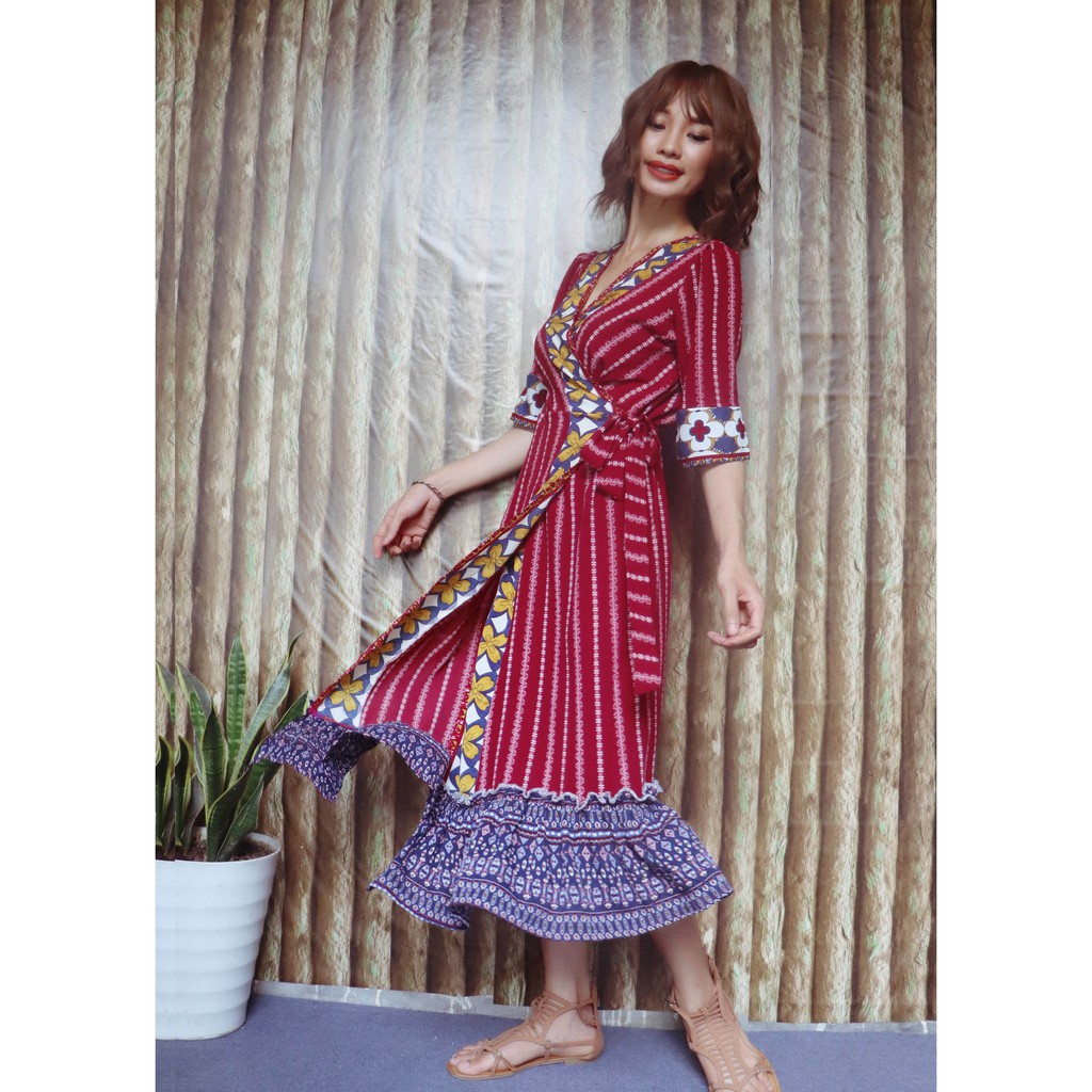 Váy đầm cuốn thắt nơ họa tiết thổ cẩm dân tộc maxi dáng dài xòe boho vintage bohemian đẹp trẻ trung niên sexy đi biển