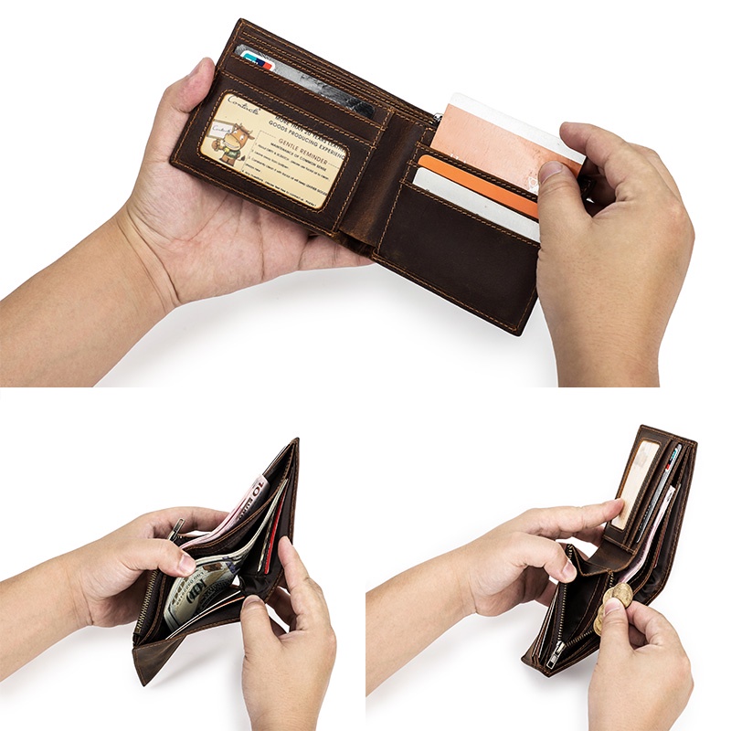 CONTACT'S Ví Da Ngựa Dáng Ngắn Gập Đôi Đựng Thẻ Tín Dụng / Tiền Xu Có Khóa Kéo Cho Nam