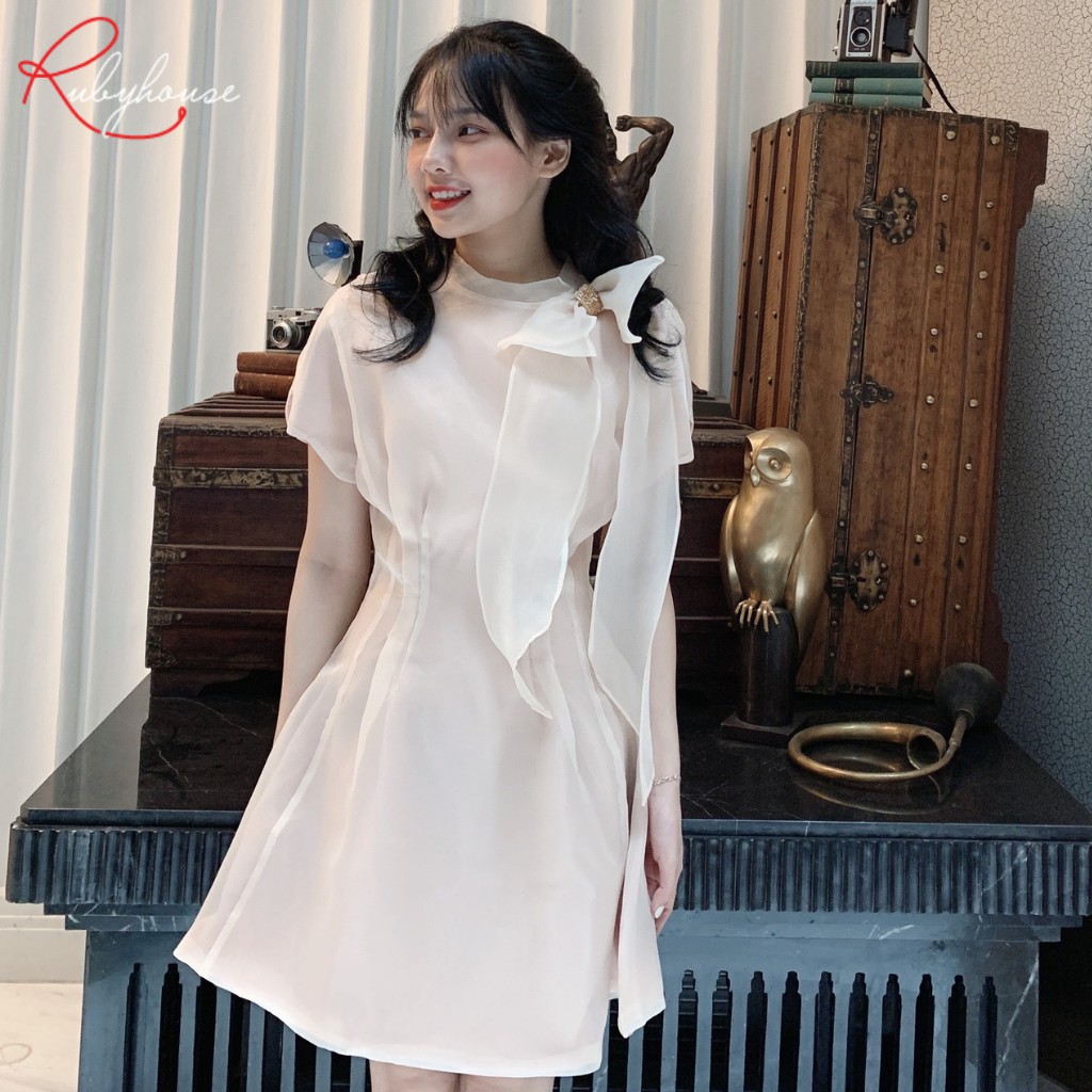 Váy Nữ Tơ Dáng Xòe Xinh Xắn RUBY HOUSE - Váy Chất Organza Cổ Nơ Trắng Đính Cườm, Tay Chờm Che Bắp Tay 2968-1 | BigBuy360 - bigbuy360.vn