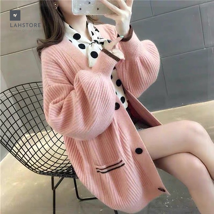 Áo khoác len cardigan nữ tay phồng tiểu thư LAHSTORE, thời trang thu đông 2021 (Trắng)