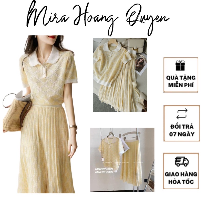 Set Áo len cộc Mix Chân Váy Dài Dập Ly Vàng Quảng Châu L1 ảnh thật