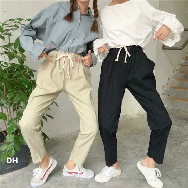 Quần Kaki Nam Nữ Ống Suông Basic Unisex - Kiểu quần baggy cạp chun ống rộng màu đen và be