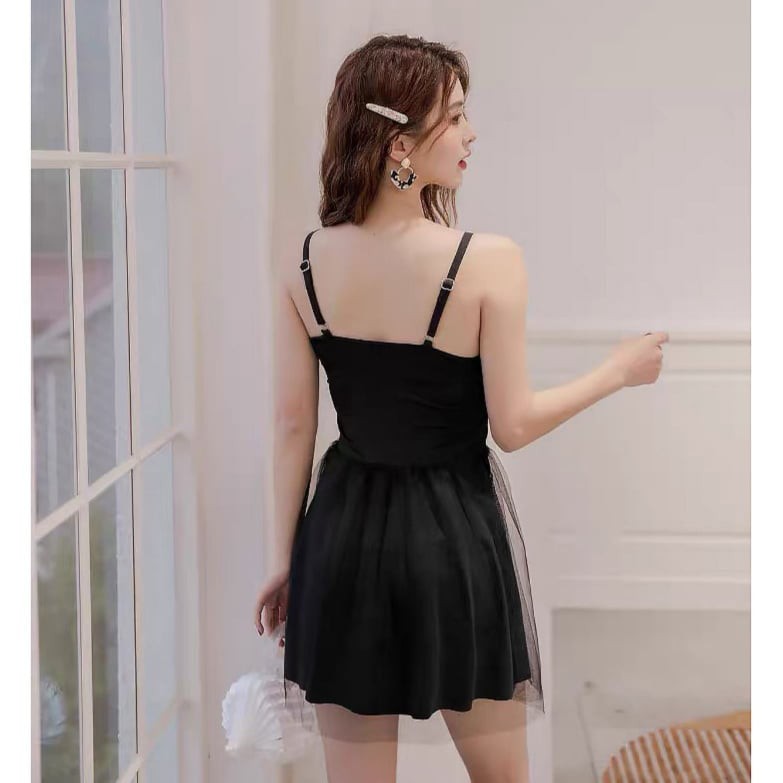 Đầm 2 dây đi biển organza xòe ngắn nịt lưng buộc dây phong cách tiểu thư điệu đà