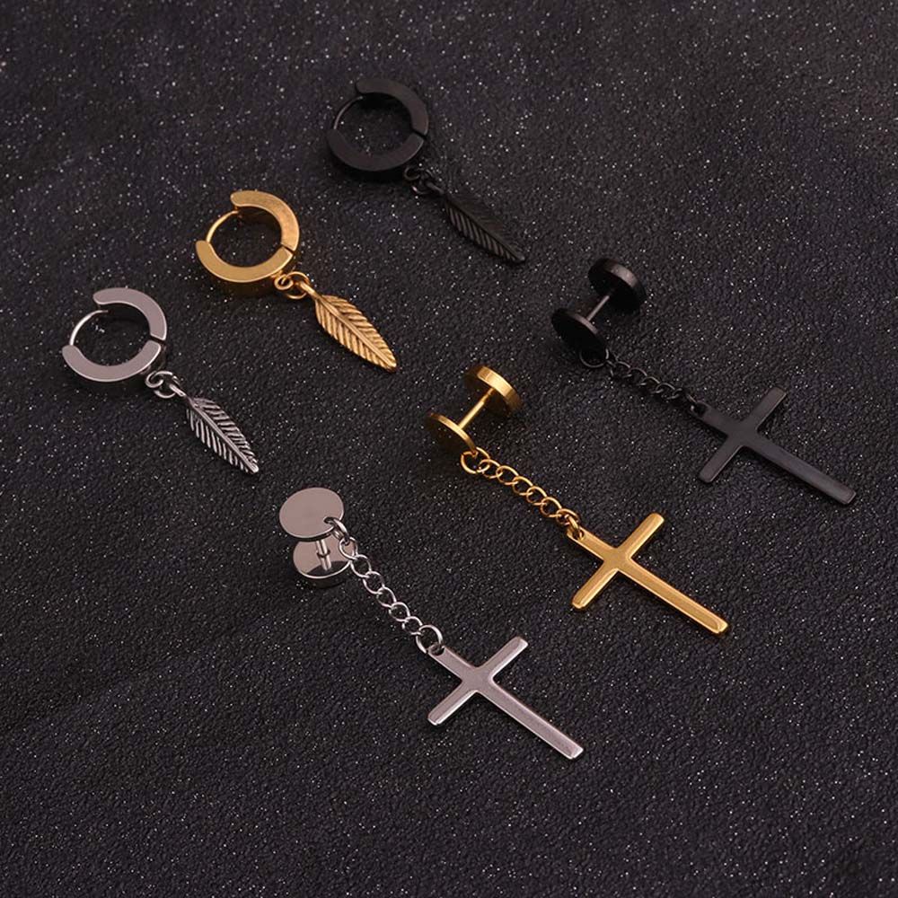 Bông tai dạng dây xích phối lông vũ bằng thép không gỉ nhiều màu phong cách punk cổ điển cho nam và nữ