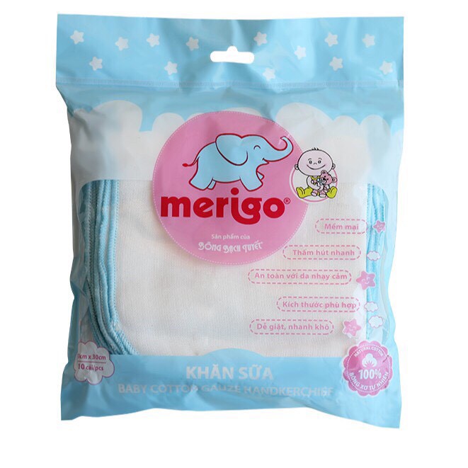 Khăn sữa cho bé Merigo - gói 10 khăn 100% bông khô tự nhiên