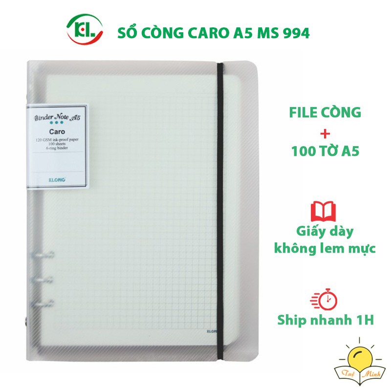 Sổ còng Klong giấy caro A5-B5-A4 MS 994-550-540 gồm File còng sắt + 100 tờ, Binder làm Bullet journal