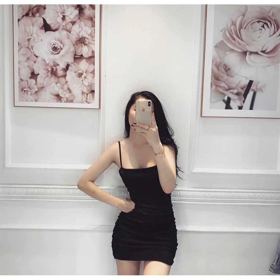 Váy Thun Hai Dây Bóp Eo Nữ - Rere.Store [FREESHIP] - Đầm body dáng ôm sexy co giãn nhiều màu Ulzzang A2-2