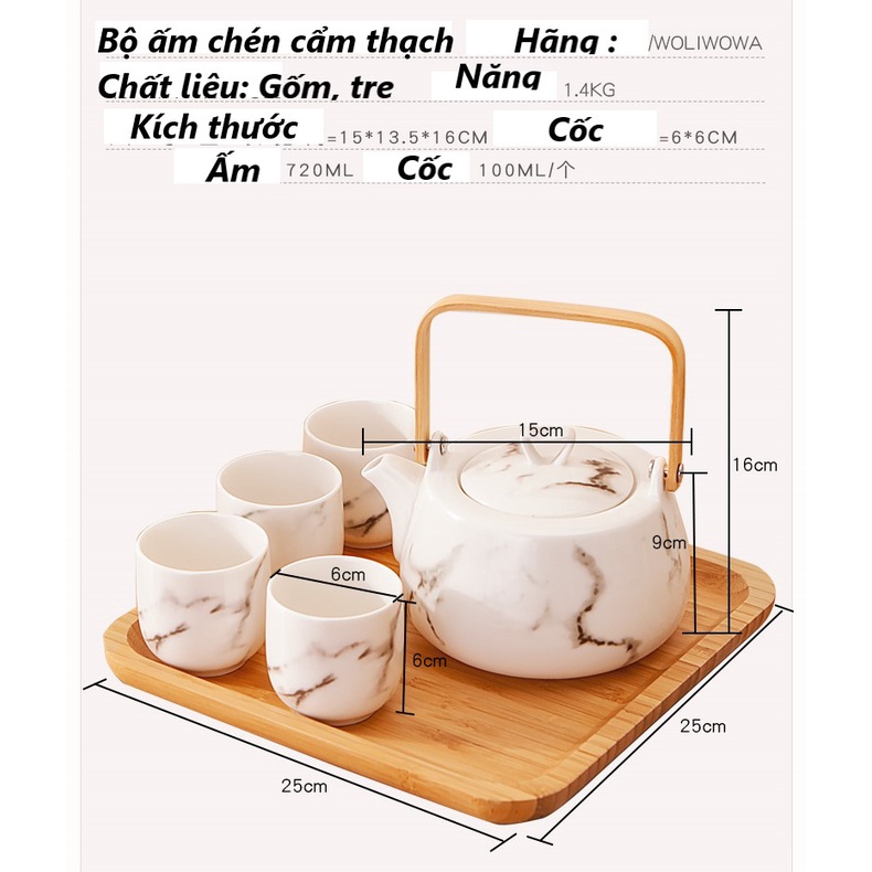 [CAO CẤP] Bộ ấm chén gốm sứ uống trà kèm khay phong cách Nhật Bản cẩm thạch Sang trọng