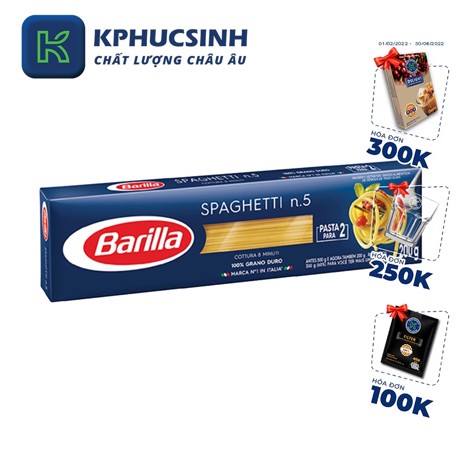 Mỳ barilla sợi hình ống các cỡ Spaghetti 200g KPHUCSINH - Hàng Chính Hãng