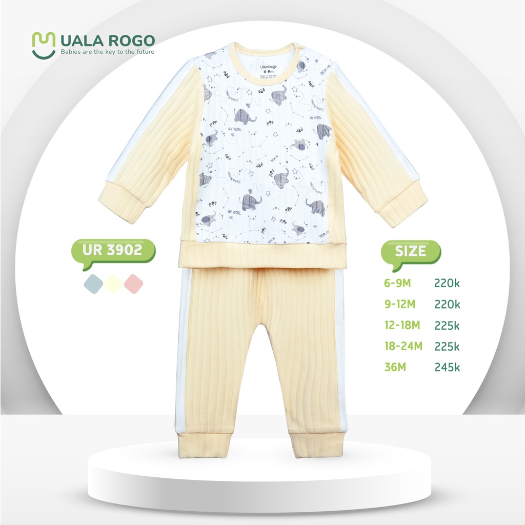 Bộ Uala Rogo Cotton dài tay cài vai voi nhí quần trơn gân cao cấp thấm hút tốt cho bé trai bé gái 3902