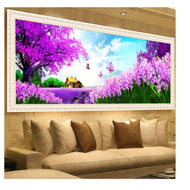 Tranh thêu phong cảnh rừng hoa màu tím tuyệt đẹp 195×80