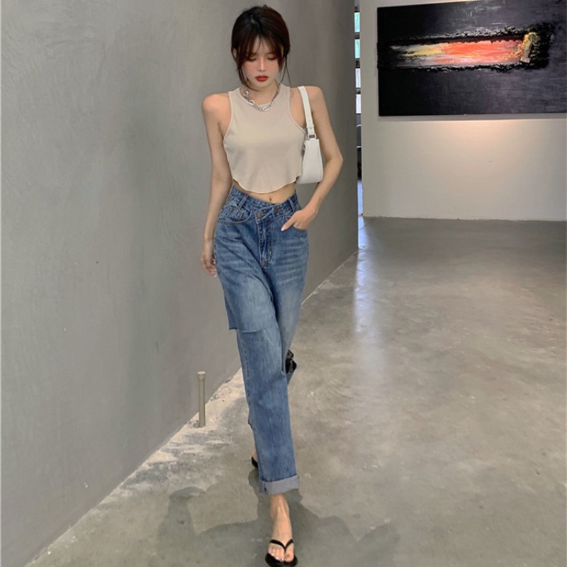 Quần Jean Dài Dáng Rộng Thiết Kế Rách Thời Trang Cá Tính