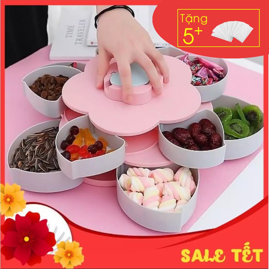 Khay Đựng Mứt Tết, Bánh Kẹo 2 Tầng 10 Cánh Xoay + Kèm khe giá đỡ Điện Thoại + Tặng 5c Khẩu Trang Y Tế