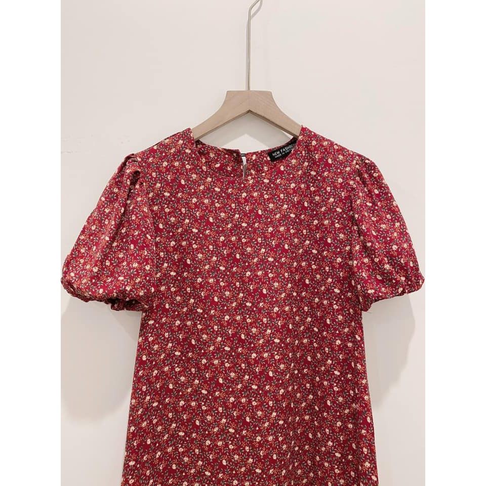 Đầm suông nữ tay phồng hoa thô màu đỏ Bing | BigBuy360 - bigbuy360.vn