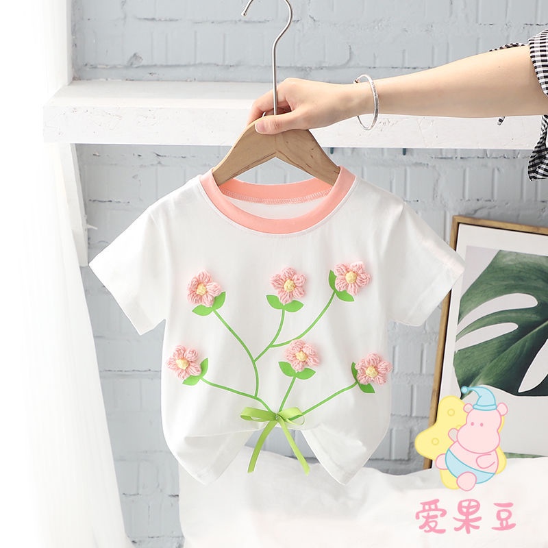 Áo Thun Tay Ngắn Chất Liệu Cotton In Họa Tiết Hoa 3D Thời Trang 2022 Cho Bé Gái