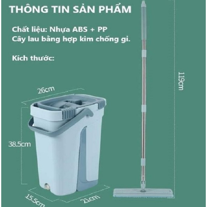 Bộ Cây Lau Nhà 360độ Bàn Chổi Phẳng Dẹt Kèm Thùng Vắt 2 Ngăn Tiện Lợi