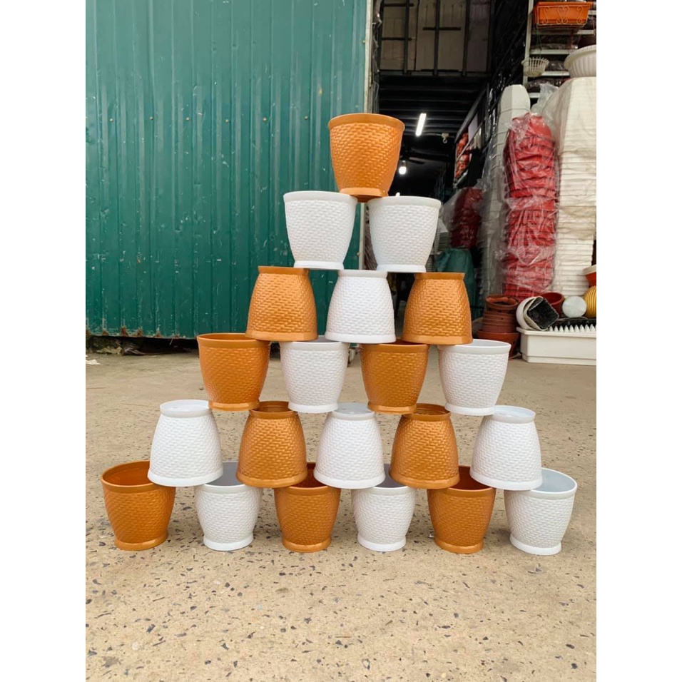 Chậu nhựa tròn đan mây T13 giả sứ siêu xinh_Chậu thúng Đan mây trồng hoa kiểng
