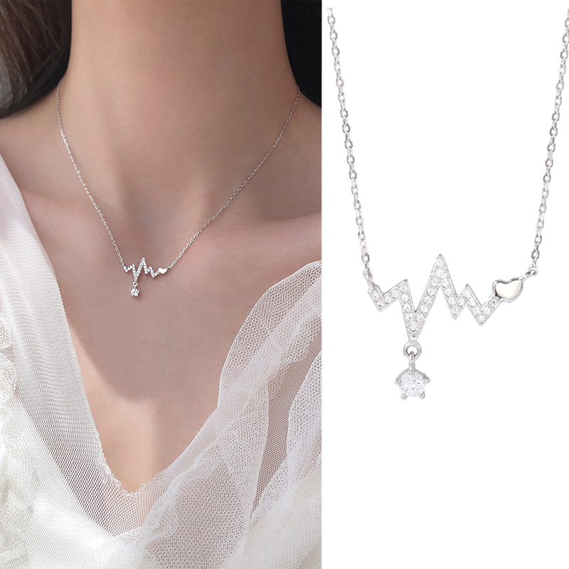 Vòng cổ Bạc 925 Mặt Hình Nhịp Tim Đính Đá Zircon Đơn Giản Cá Tính Cho Nữ