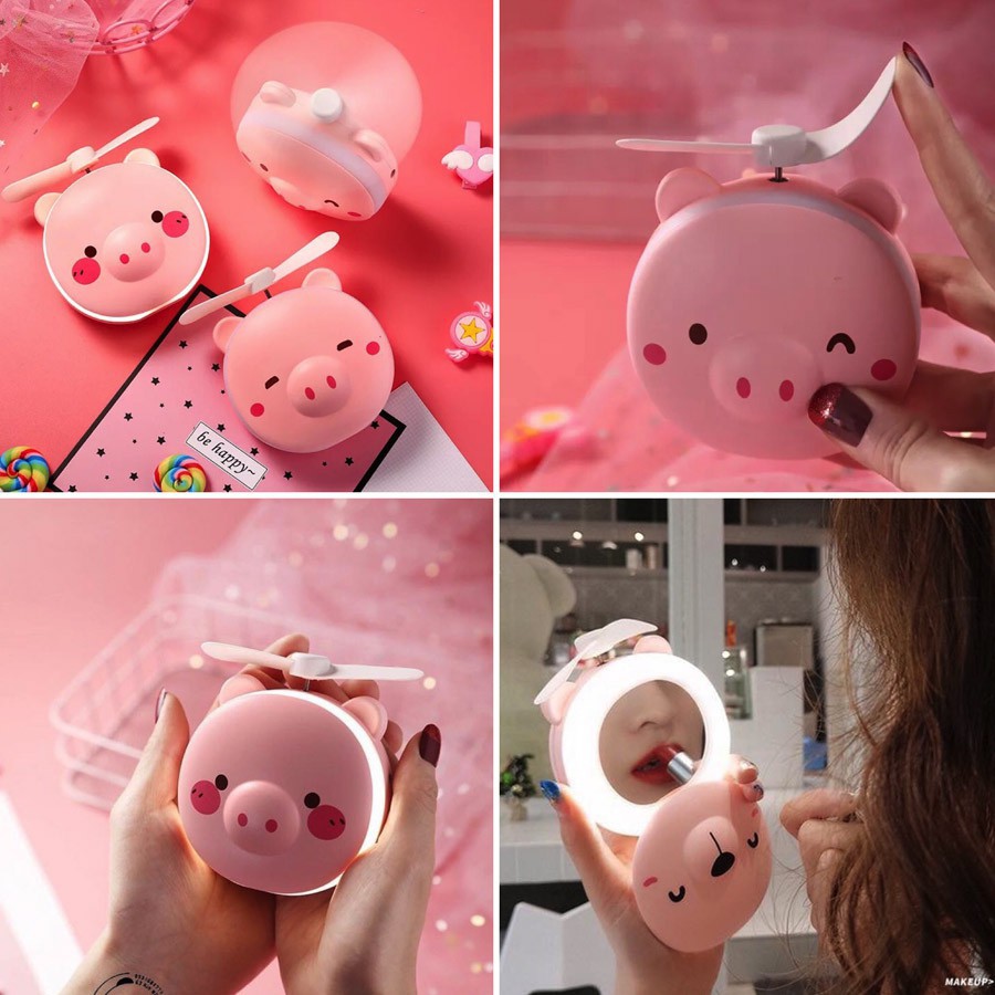 Quạt Heo Có Đèn Kèm Gương Soi Siêu Cute Tiện Dụng ( Có Sạc Đi Kèm ) | WebRaoVat - webraovat.net.vn