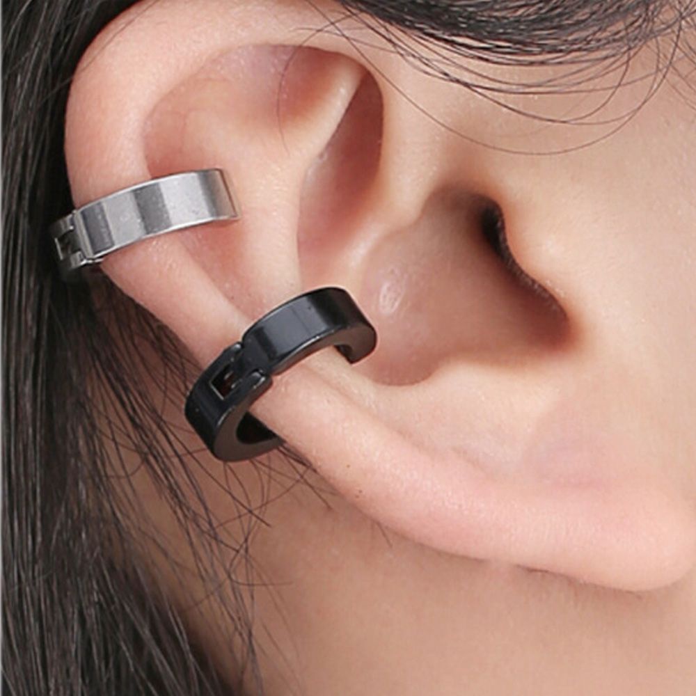 Bông tai tròn bằng thép không gỉ không xỏ màu đen phong cách hip hop cá tính cho nam và nữ