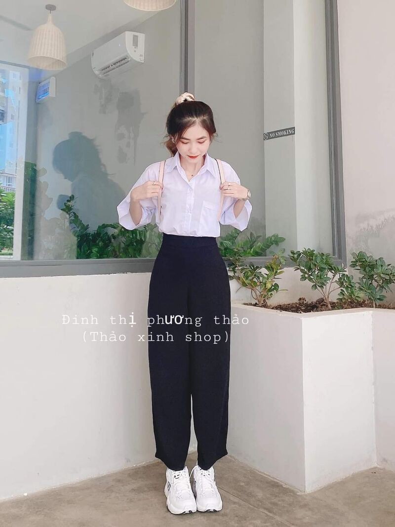 Áo sơ mi nữ trắng trơn túi tay lỡ fom rộng