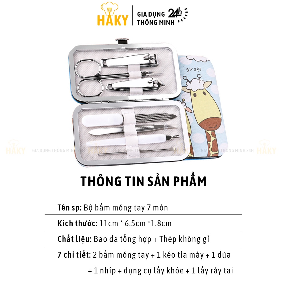 Bộ bấm móng tay 7 món thép không gỉ bao da in hình ngộ nghĩnh HAKY014, bộ dụng cụ cắt móng đa năng fullbox cao cấp
