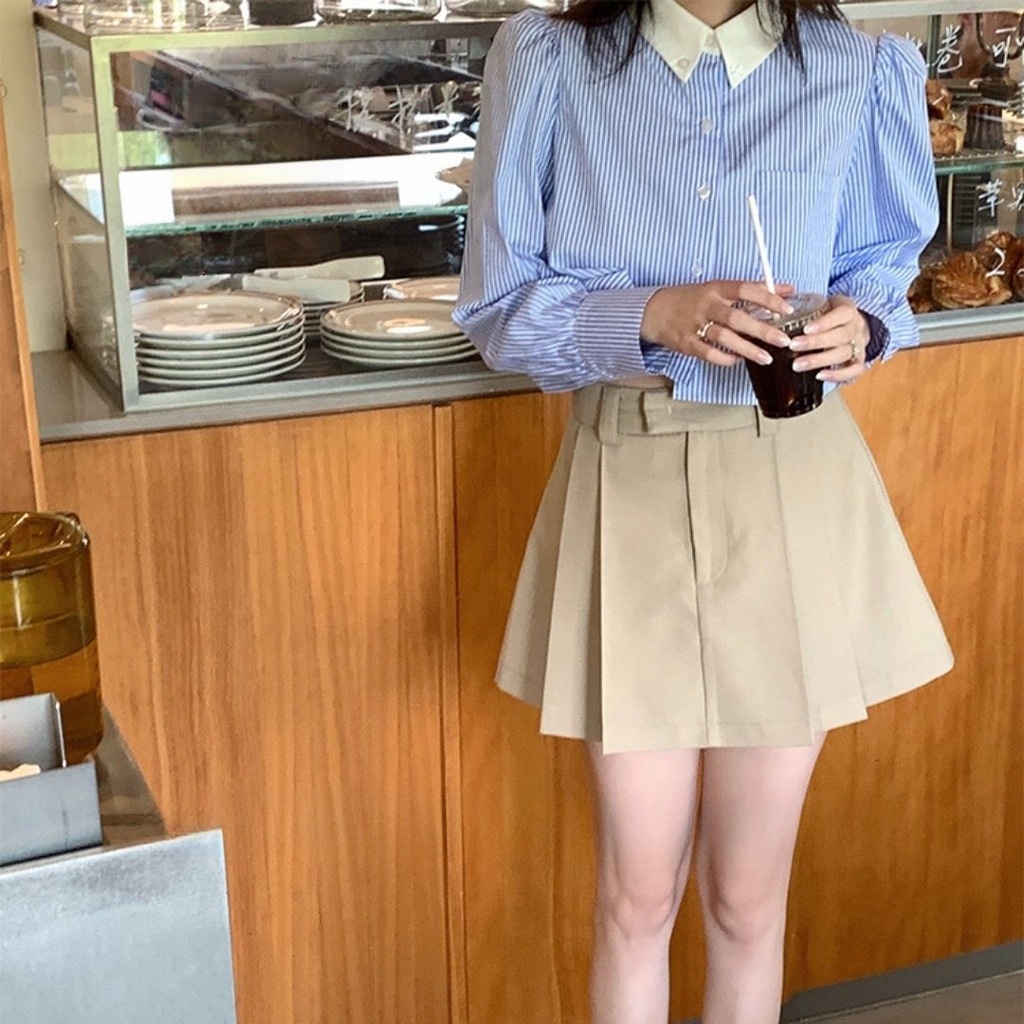 Áo sơ mi nữ dài tay kẻ sọc dáng croptop phối cổ trắng vintage, áo kiểu sơ mi ulzzang nữ dáng ngắn form rộng tay bồng vai