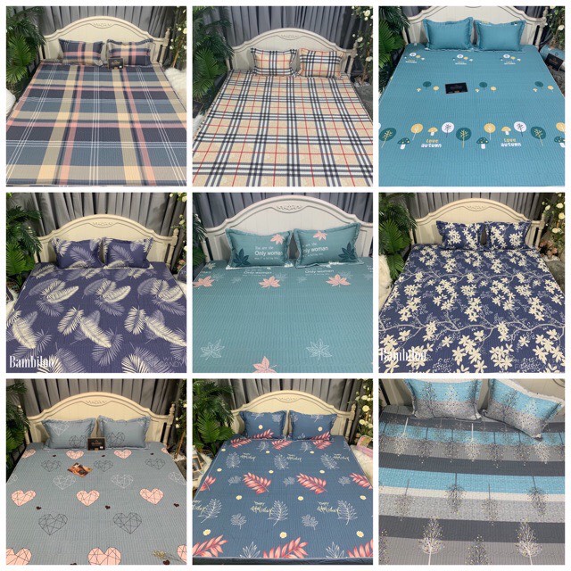 Ga trần bông, ga trải giường cotton bo chun BAMBILOO chất liệu cotton 100% đủ kt, kèm 2 vỏ gối 45x65cm