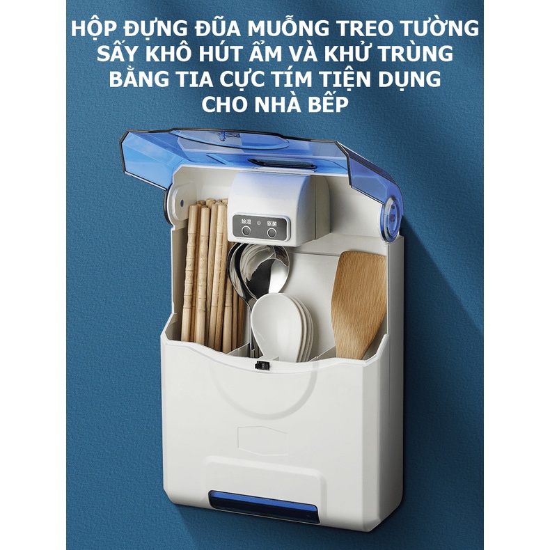 Hộp đựng đũa muỗng treo tường sấy khô hút ẩm và khử trùng bằng tia cực tím tiện dụng cho nhà bếp - VL18