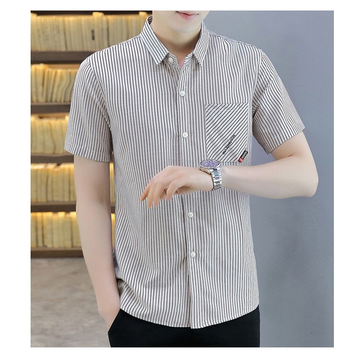 Áo Sơ Mi Nam Ngắn Tay Họa Tiết Kẻ Sọc Phong Cách Hàn Quốc Mới