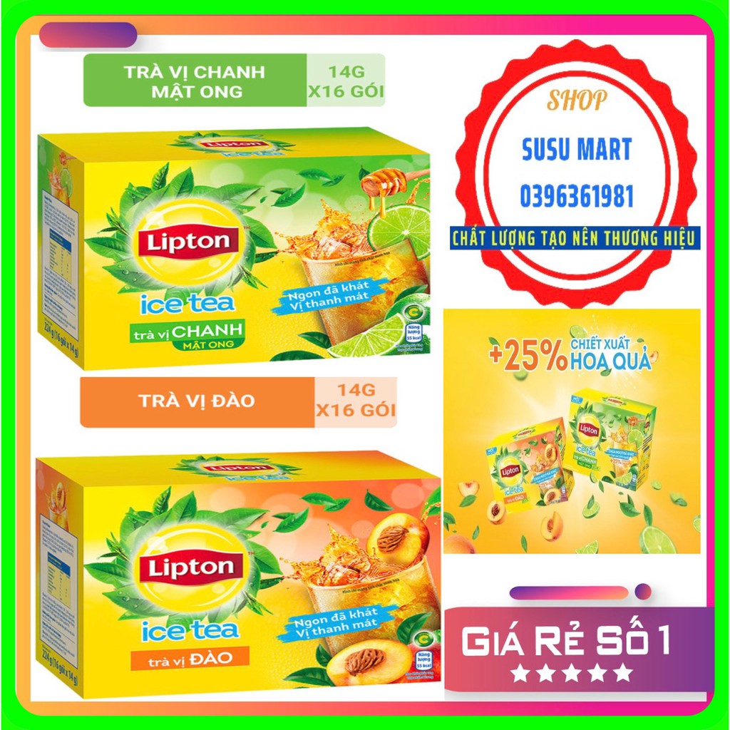 Trà Lipton Ice Tea Hòa Tan Hộp Giấy 224g - Trà Lipton Hương Đào - Trà Lipton Chanh, Mật Ong (14g x 16 gói)