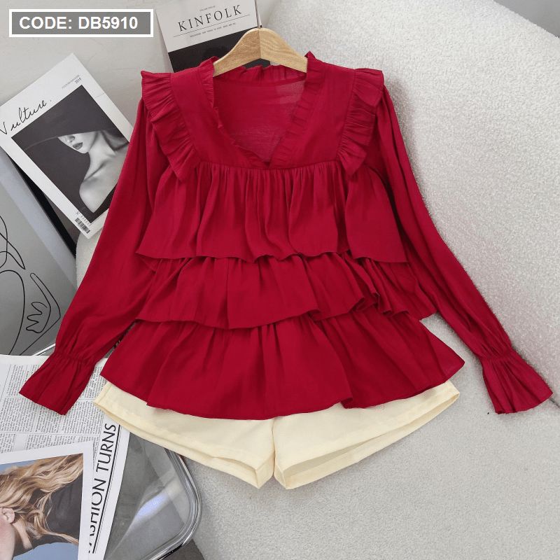 Set áo babaydoll tầng phối quần sort  chanh sả ..