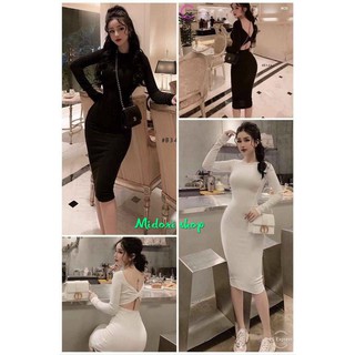 Đầm body dài tay xoắn lưng chất thun dày dặn, váy xoắn lưng tay dài thun gân MIDORI247