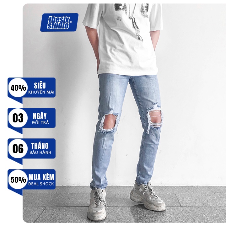 Quần jean nam xanh rách gối - vết rách lớn Quần jean nam skinny Chất jean co giãn [#HT895R]