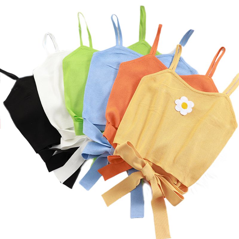 Áo Croptop Dệt Kim Hai Dây Thêu Hoa Quyến Rũ Thời Trang Mùa Hè Cho Nữ