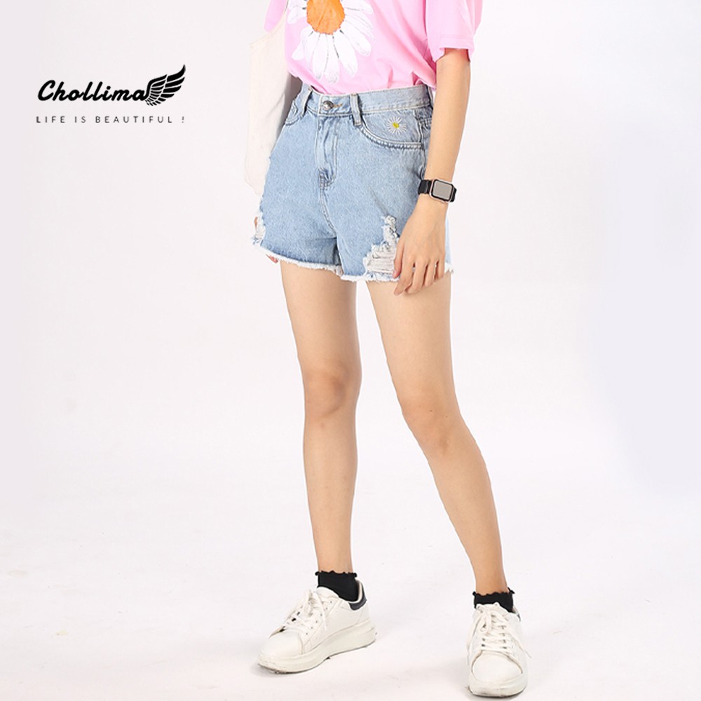 Quần short jeans nữ Chollima tua lai thêu hoa cúc QS003 phong cách hàn quốc