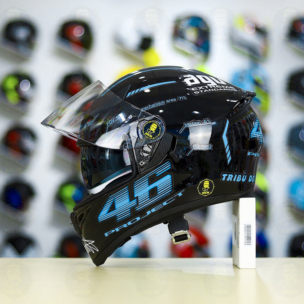 NÓN BẢO HIỂM ROC 05 2 KÍNH MÀU ĐEN BÓNG LÊN TEM 46 XANH DƯƠNG TẶNG KÈM PINLOCK VÀ HỘP CHÍNH HÃNG