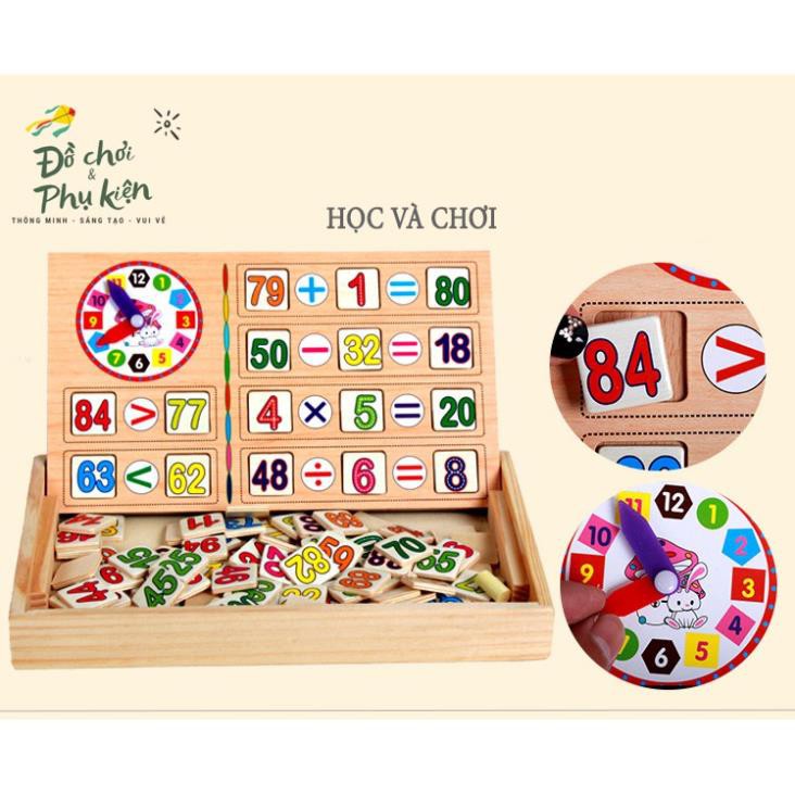 Bộ đồ chơi học toán bằng gỗ có đồng hồ với que tính, bảng 2 mặt và số từ 0-99 cho bé yêu
